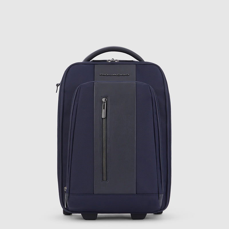 Versatile underseater carry-on trolley by Piquadro, convertible to backpack, made from recycled fabric, with dedicated compartments for iPad Pro 12.9” and AirPods