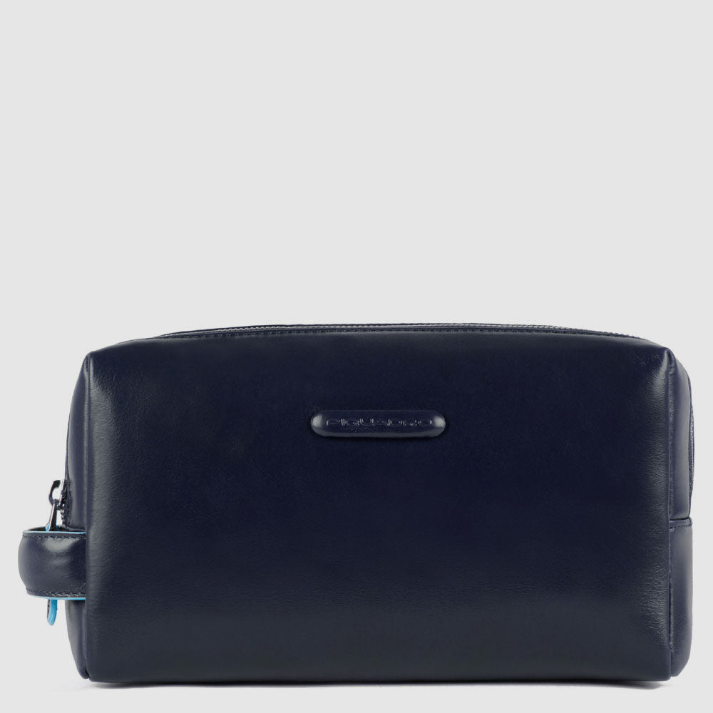 Leather toiletry bag with two dividers night blue