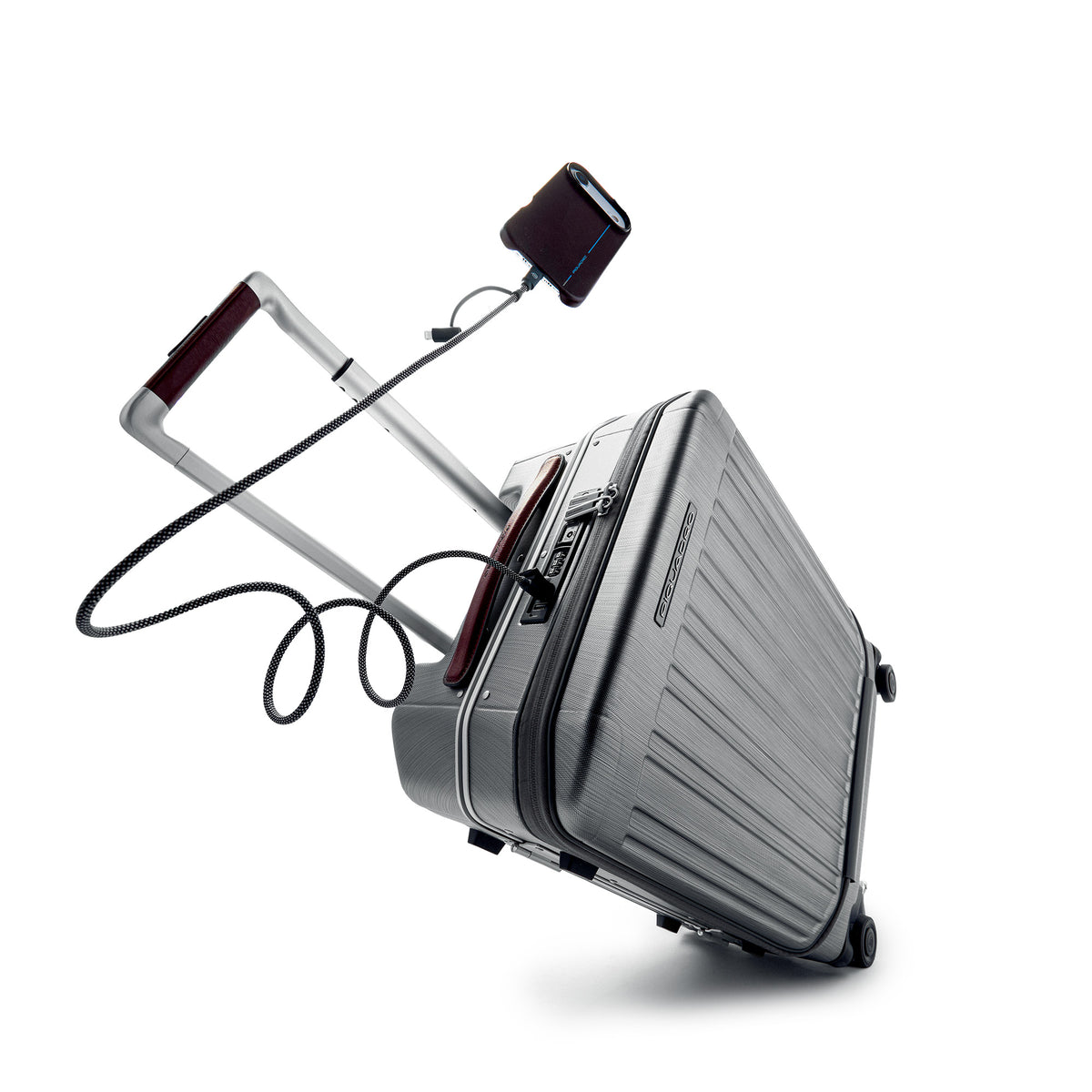 Red Corner roll-top backpack with the sensor circuit on its side