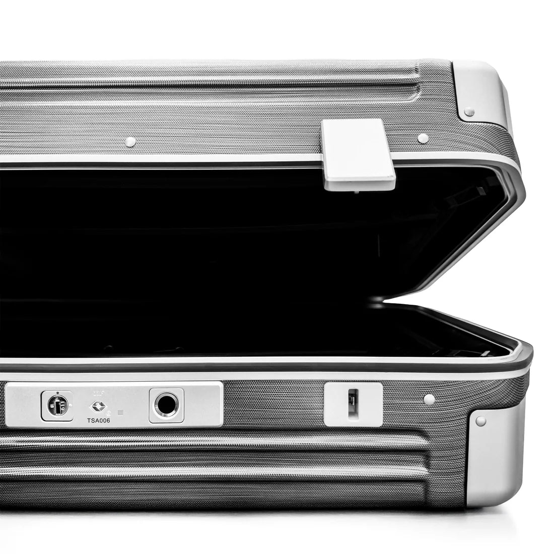 Open aluminium trolley with the fingerprint reader on the lock