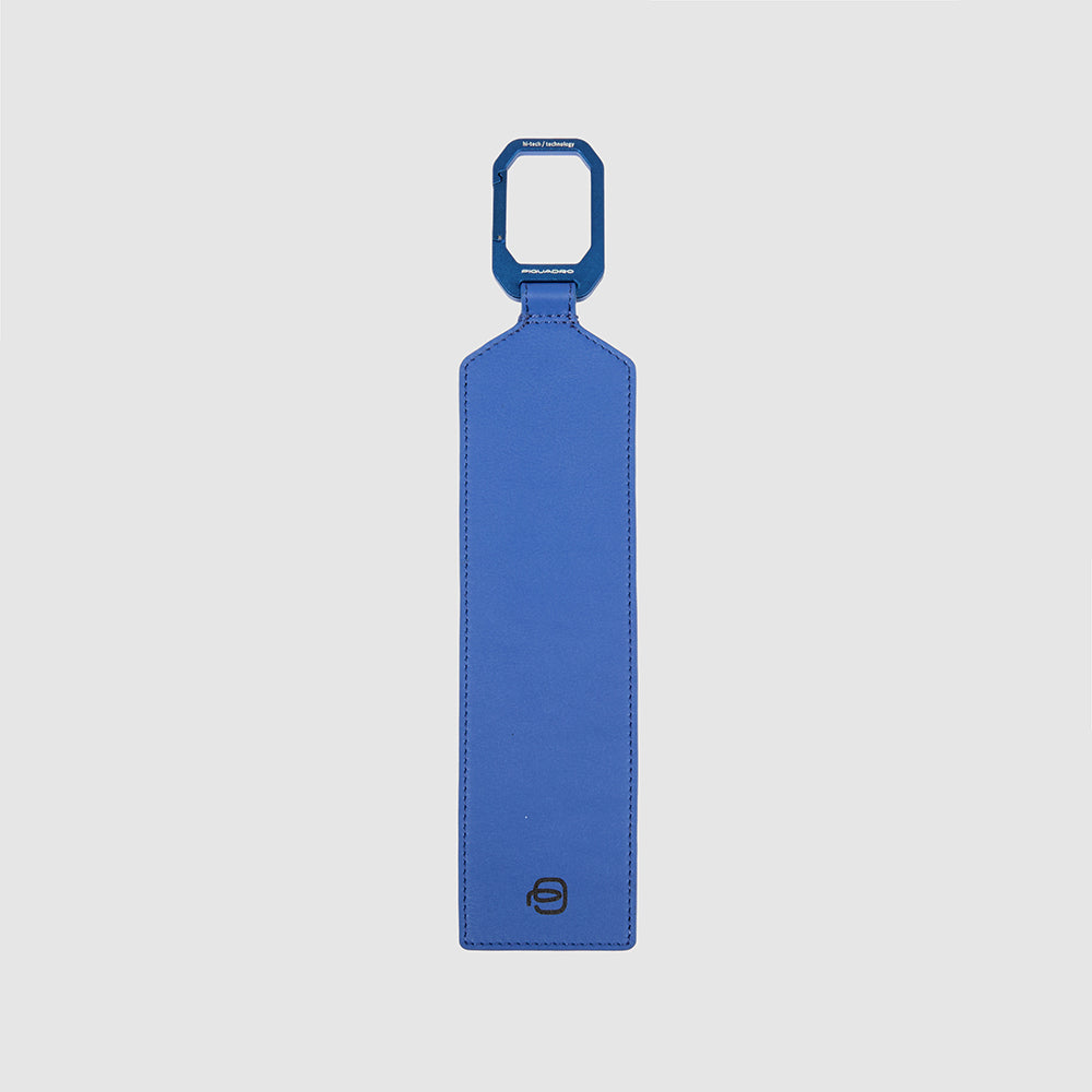 Leather address tag with aluminum snap hook