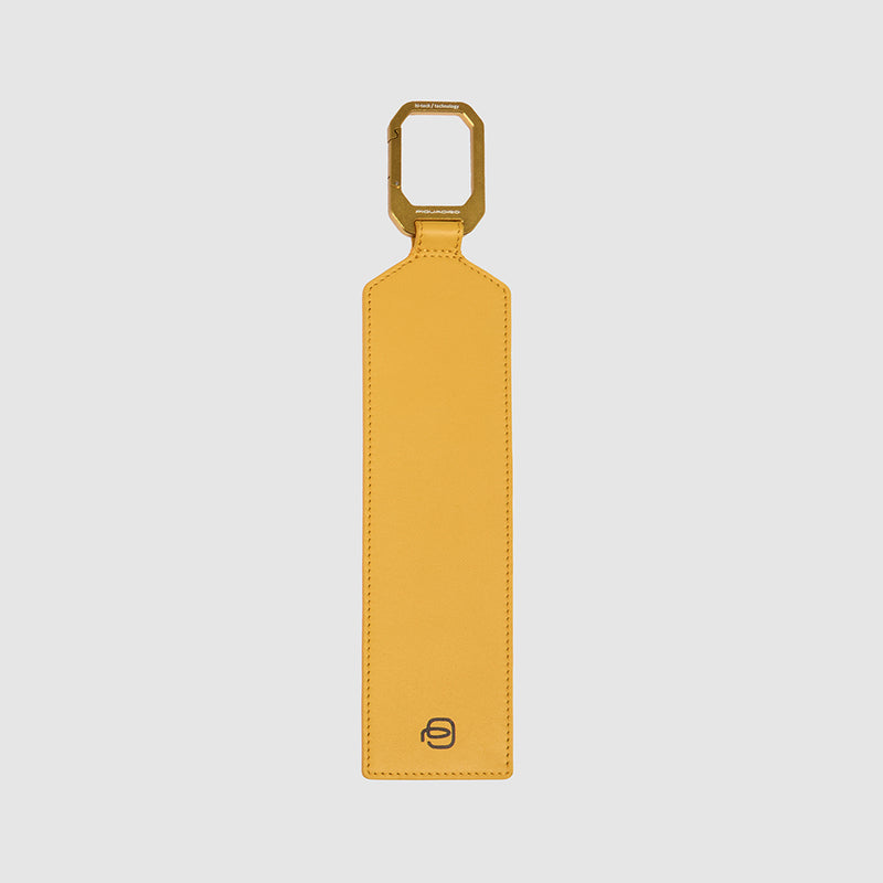 Leather address tag with aluminum snap hook