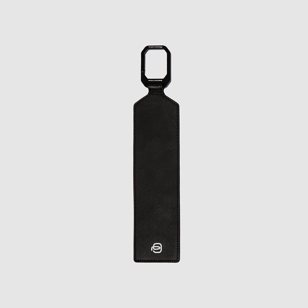 Leather address tag with aluminum snap hook