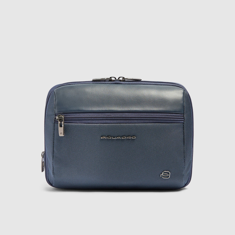 Expandable Travel Pouch in Recycled Fabric and Leather - Blue