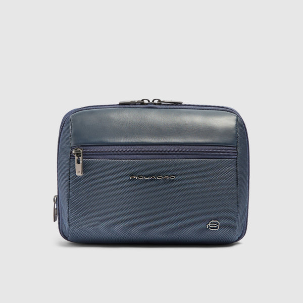 Expandable Travel Pouch in Recycled Fabric and Leather - Blue