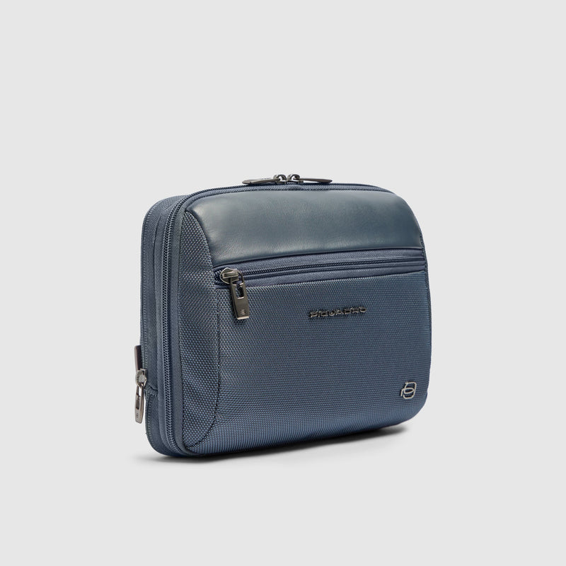 Expandable Travel Pouch in Recycled Fabric and Leather - Blue - photo 2