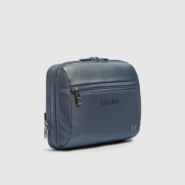 Expandable Travel Pouch in Recycled Fabric and Leather - Blue - photo 2