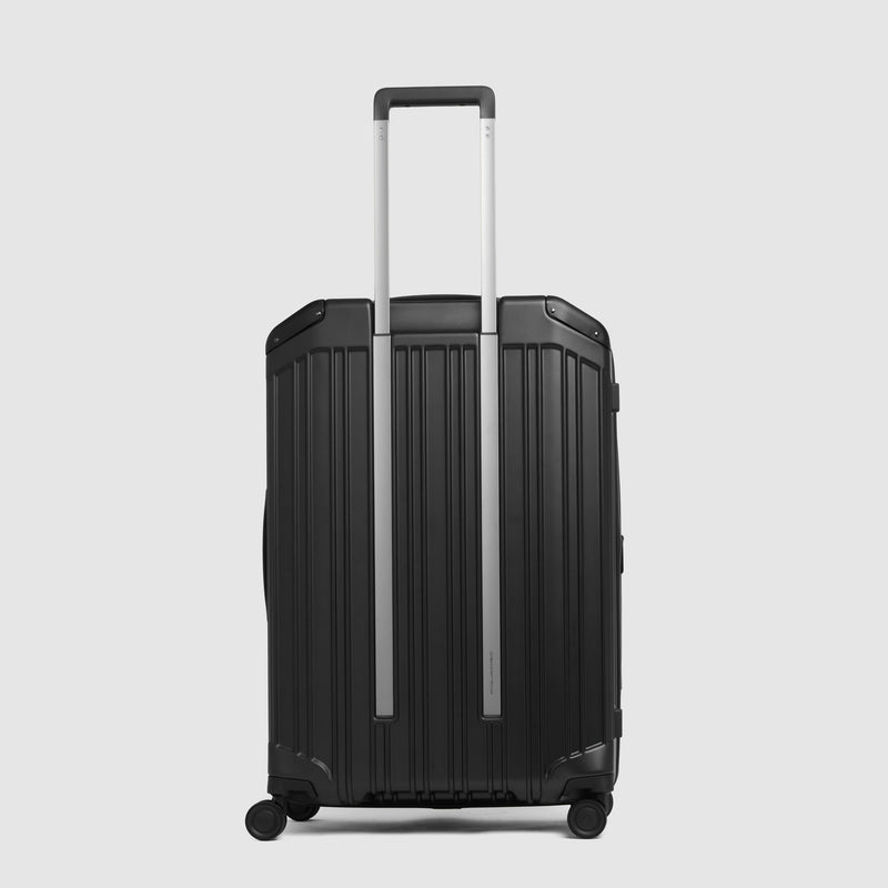 Medium size, 4 wheel suitcase with dual opening