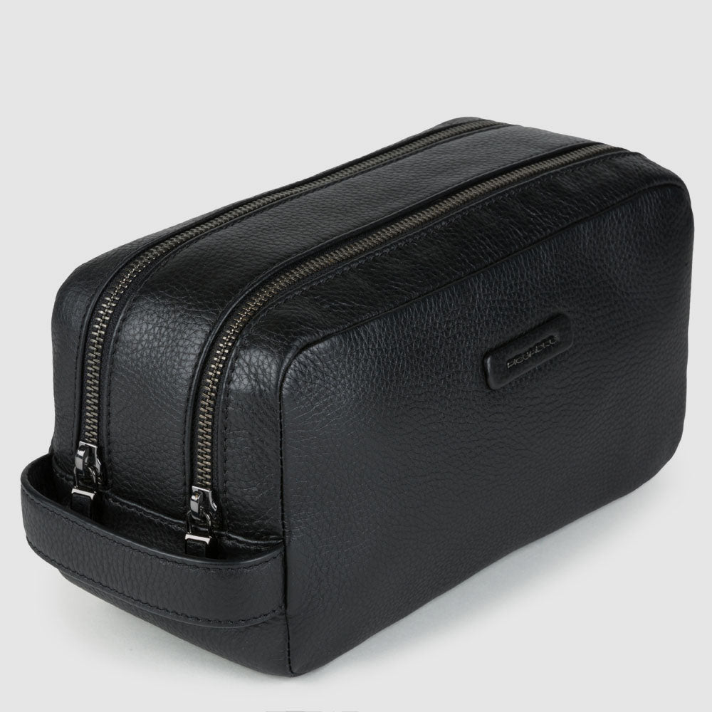 Leather toiletry bag with two dividers black