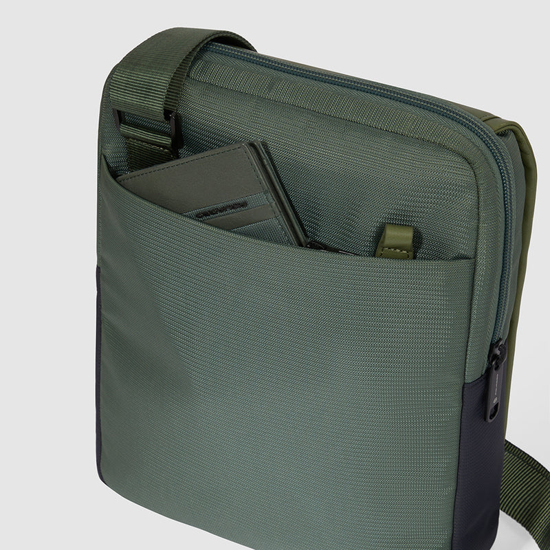 iPad® crossbody bag in recycled fabric and leather