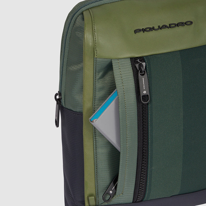 iPad® crossbody bag in recycled fabric and leather