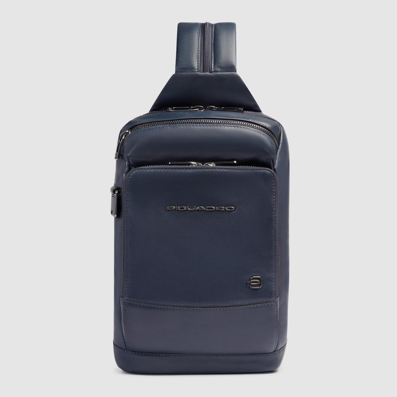Piquadro customizable sling bag with embossed monogram tag attachment
