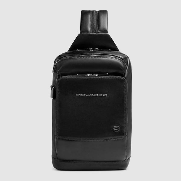Piquadro customizable sling bag with embossed monogram tag attachment