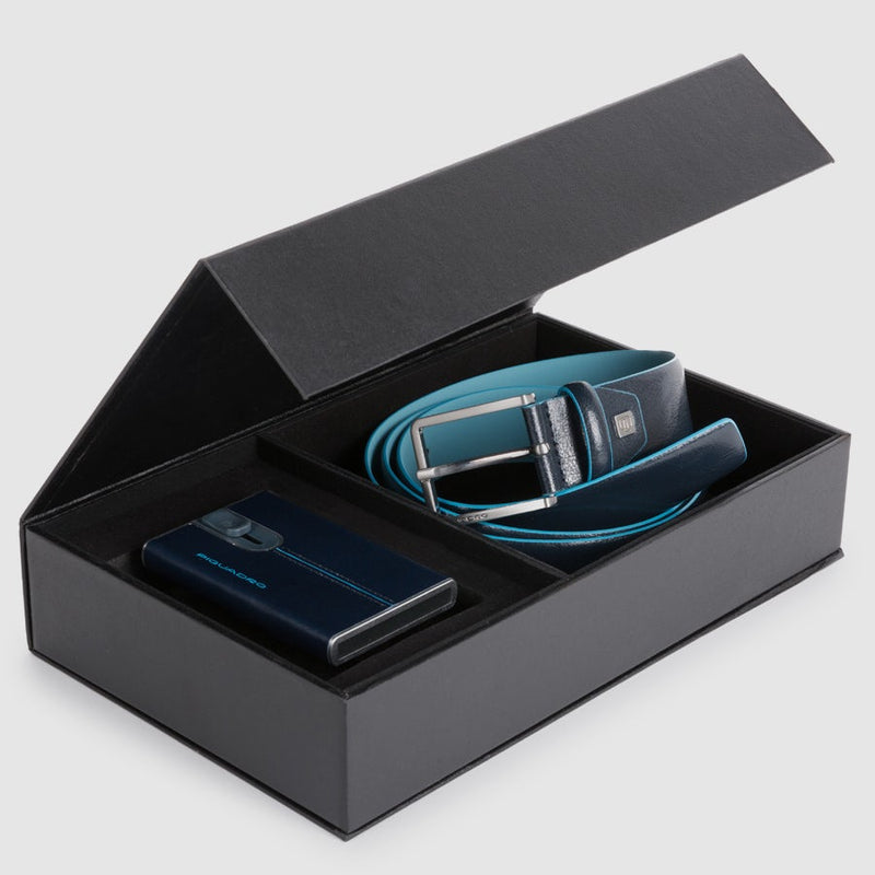Men's Belt and Pop-Up RFID Card Holder Gift Box - night blue