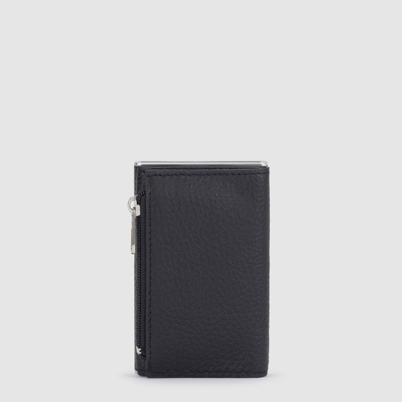 Compact wallet with sliding system and coin pocket