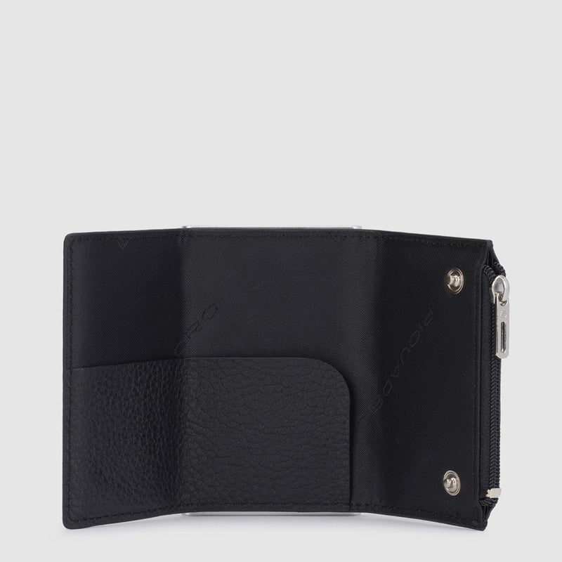 Compact wallet with sliding system and coin pocket