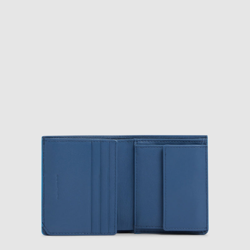 Vertical, trifold men’s wallet with coin pocket