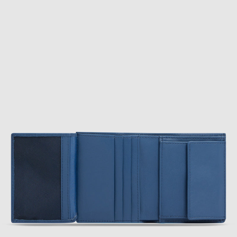 Vertical, trifold men’s wallet with coin pocket