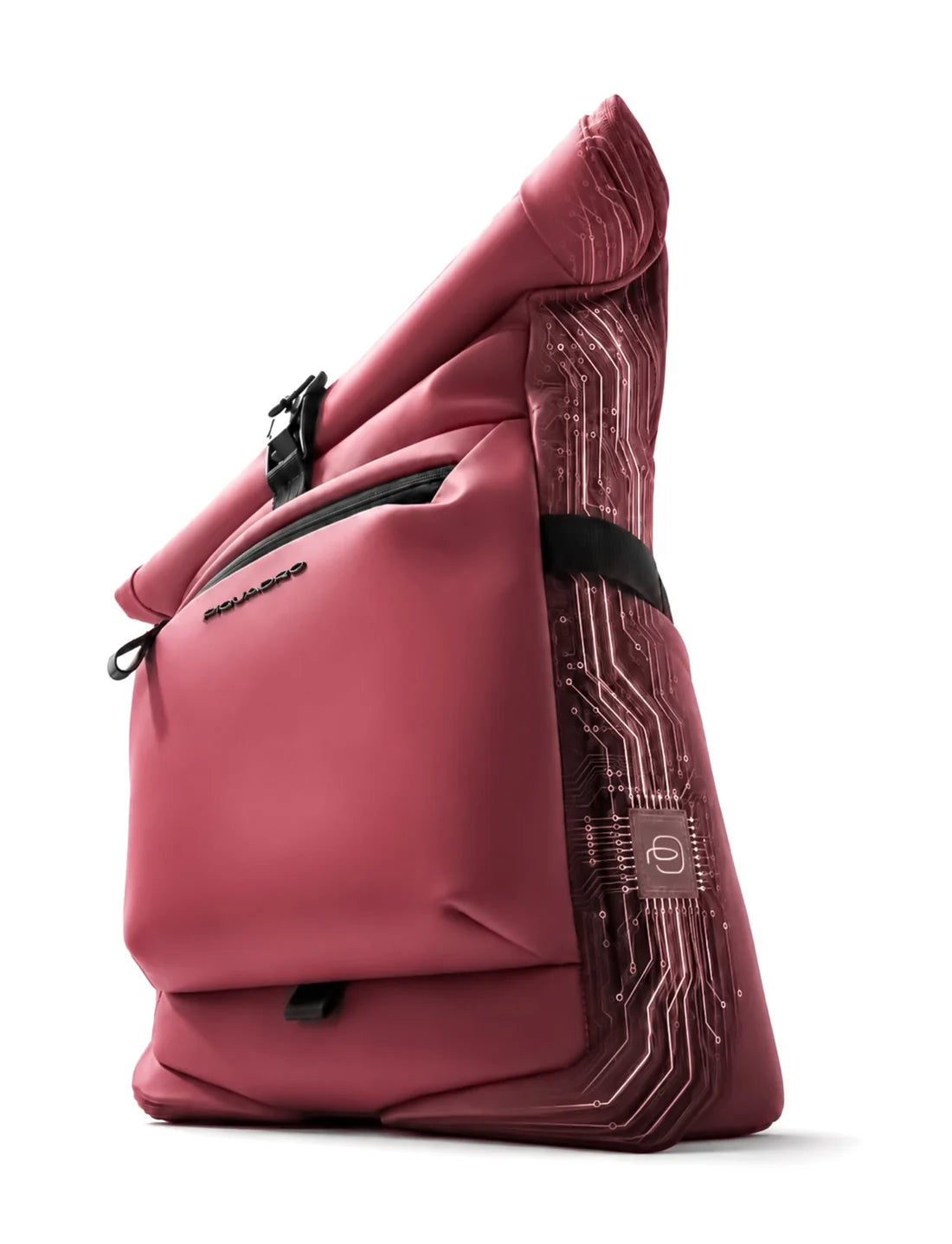 Red Corner Backpack with the sensor circuit and the Piquadro logo on its side