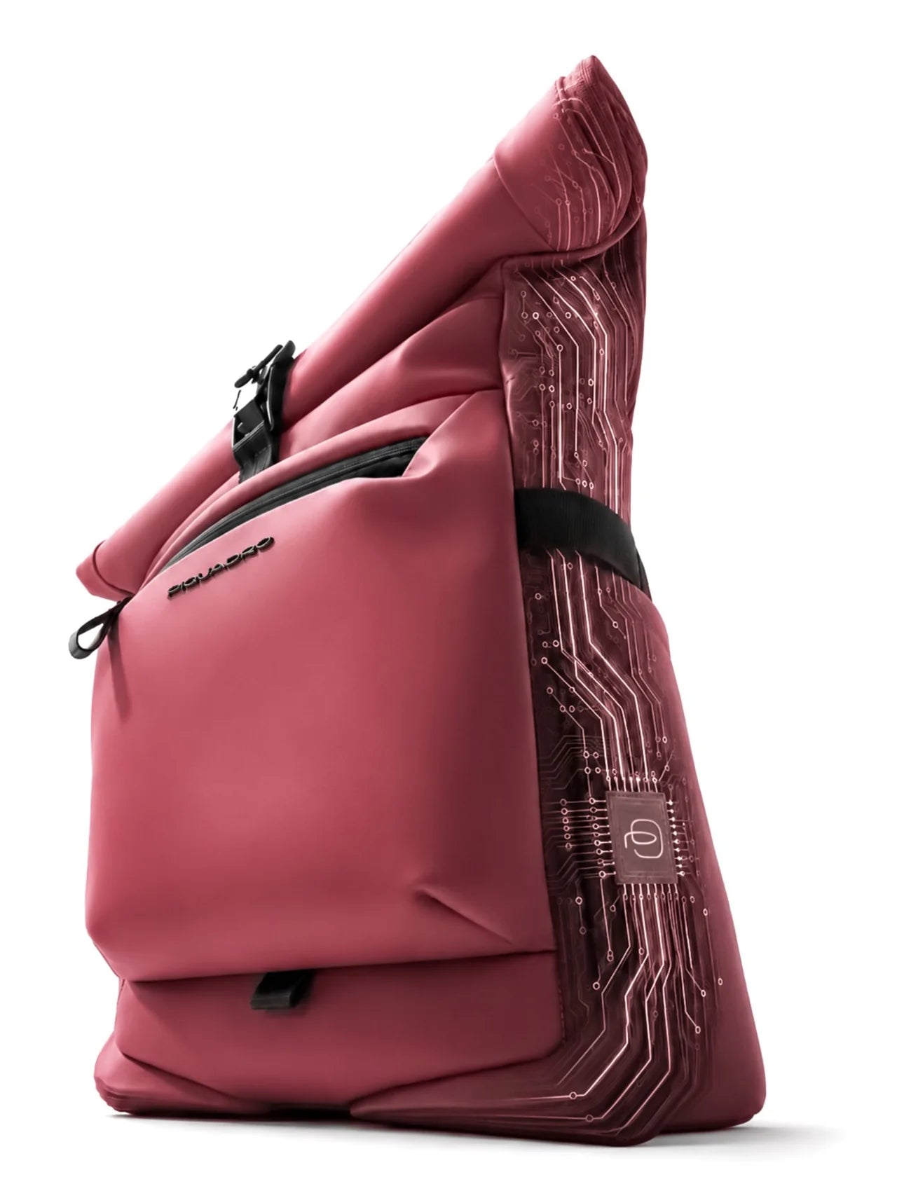 Red Corner roll-top backpack with the sensor circuit on its side